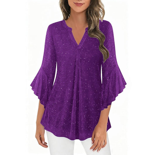 Blusa Suelta de Malla Plateada con Cuello V y Mangas 3/4 Pétalos - Image 43
