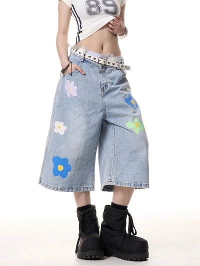 Pantalón Vaquero Vintage Cropped de Pierna Recta con Flores para Mujer - Image 3