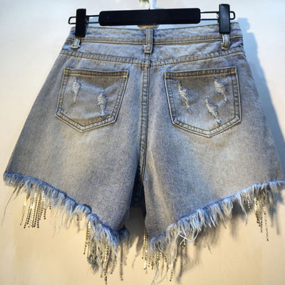 Short Jeans Cintura Alta Slim con Flecos y Abalorios Estilo Europeo - Image 7