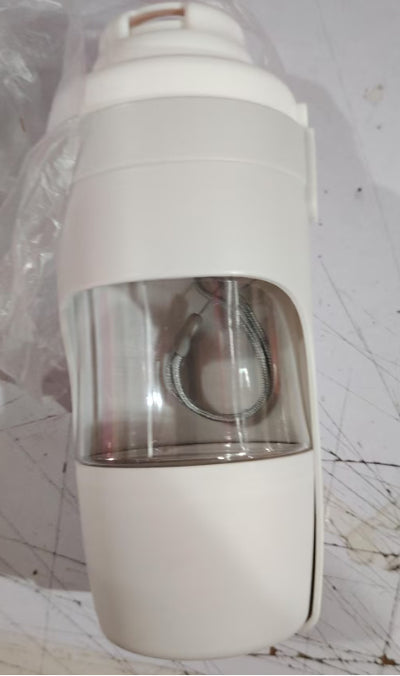 White 2-in-1 travel dog water bottle and food dispenser with a clear compartment and gray lanyard for pets. - Image 17