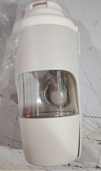 White 2-in-1 travel dog water bottle and food dispenser with a clear compartment and gray lanyard for pets. - Image 17