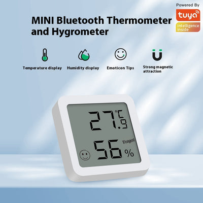 White mini Bluetooth temperature and humidity sensor with LCD display showing 27.9°C and 56% humidity.