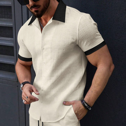 Camisa Casual Hombre Jacquard Bloques de Color Manga Corta - Image 3