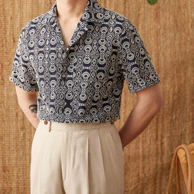 Camisa Casual Cuello Cubano con Bordado Vintage de Algodón