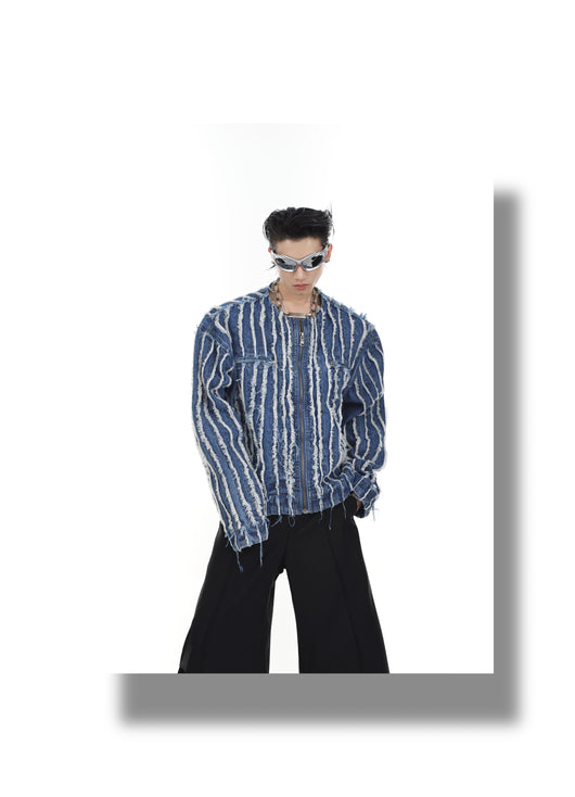 Chaqueta Denim Sin Cuello con Rayas 3D y Flecos Lavados - Image 8