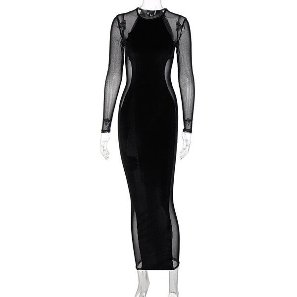 Vestido Largo Ajustado con Malla Transparente y Manga Larga