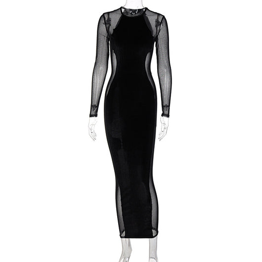 Vestido Largo Ajustado con Malla Transparente y Manga Larga - Image 2