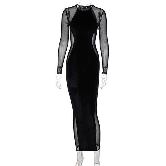Vestido Largo Ajustado con Malla Transparente y Manga Larga