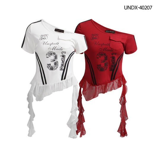 Playera Retro Americana con Malla Asimétrica y Manga Corta - Image 6