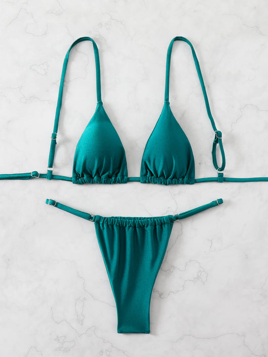 Brown bikini set with triangle top and thong bottom, featuring adjustable straps, displayed on a marble surface. - Image 12