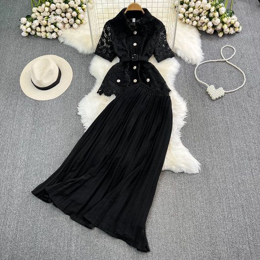 Conjunto Elegante: Blusa Suelta con Encaje y Falda Plisada de Cintura Alta - Image 2