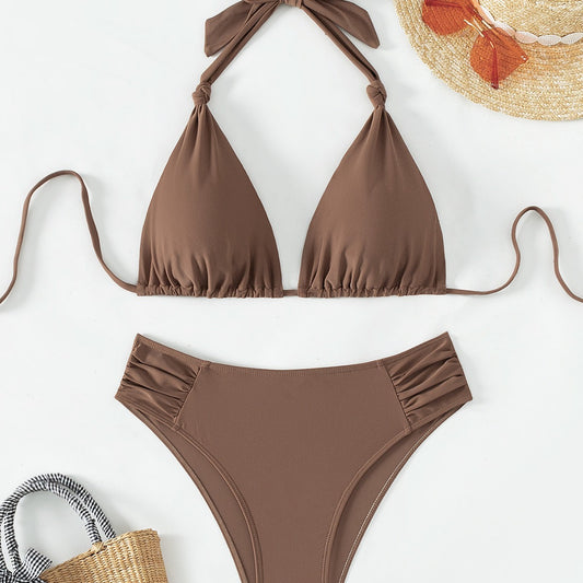 Solid olive green triangle halter bikini swimsuit for women, featuring a high-waisted bottom with ruched sides.