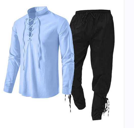 Conjunto de Dos Piezas: Camisa Casual de Lino y Algodón Manga Larga Color Sólido - Image 6