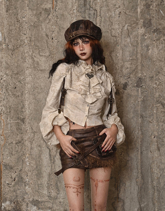 Camisa Steampunk de Algodón y Lino con Cuello Alzado y Volantes Desgastados - Image 17