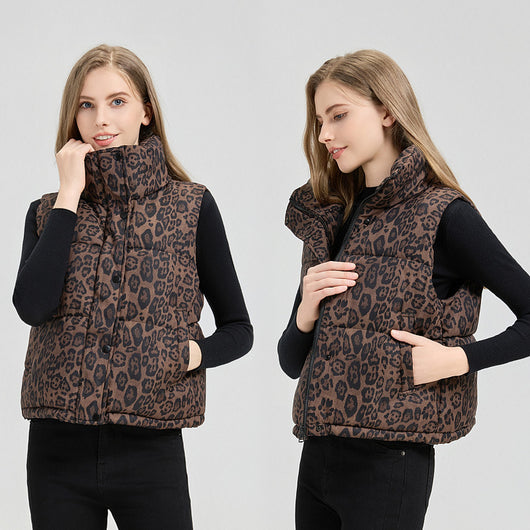 Chaleco de Algodón Estampado Leopardo con Cuello Mao