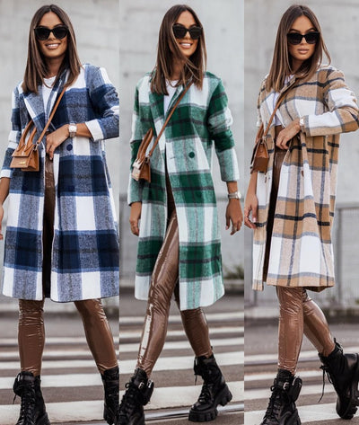 Abrigo de Lana Cuadrille Largo Cepillado Estilo Europeo y Americano para Otoño e Invierno - Image 16