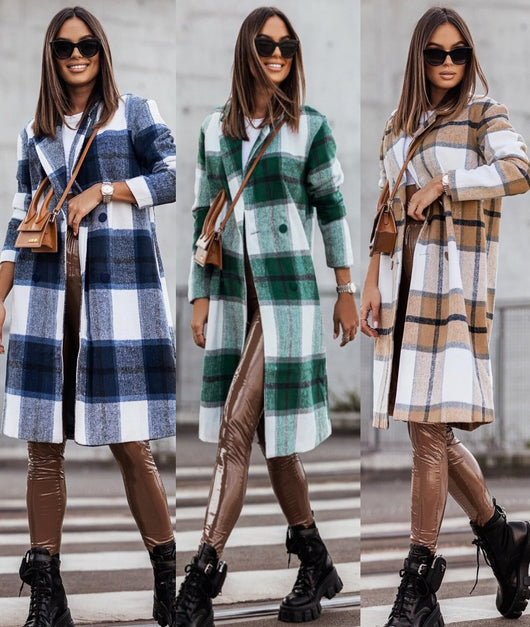 Abrigo de Lana Cuadrille Largo Cepillado Estilo Europeo y Americano para Otoño e Invierno - Image 16