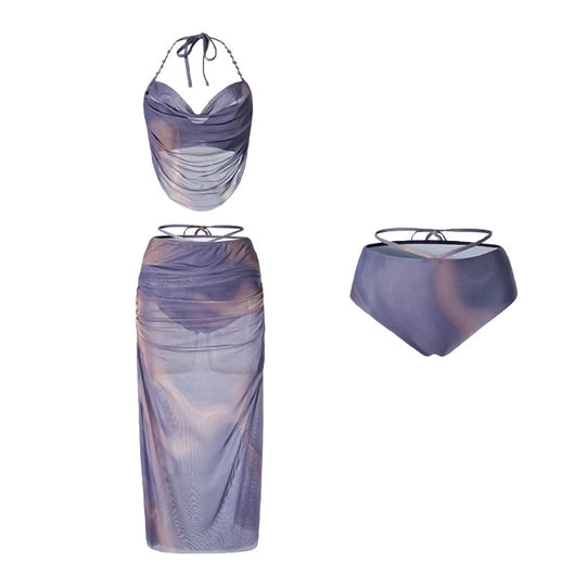 Purple and brown tie-dye two-piece swimsuit with a ruched cowl neck halter top and a matching high-waisted skirt. - Image 5