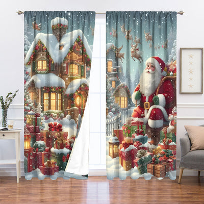 Christmas curtain with a snowy village scene, Santa Claus, flying reindeer, and piles of wrapped gifts. - Image 40
