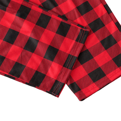 Baby in a red and black buffalo plaid long-sleeve pajama romper, viewed from the back with arms raised. - Image 18