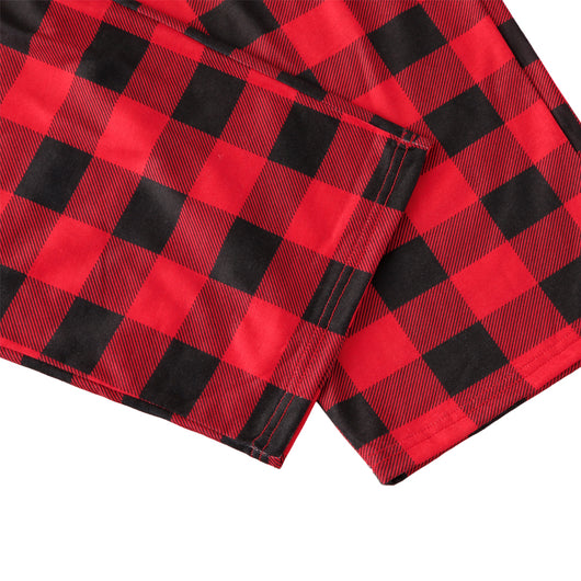 Baby in a red and black buffalo plaid long-sleeve pajama romper, viewed from the back with arms raised. - Image 18