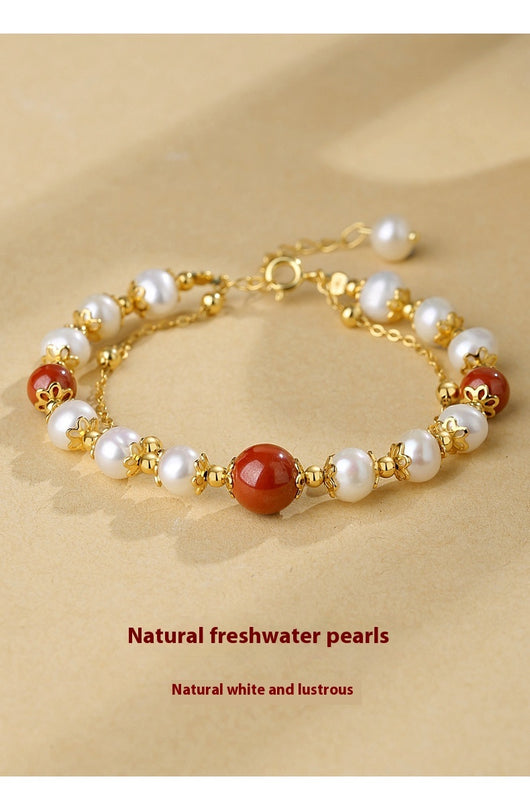 Pulsera Doble Capa de Plata Esterlina con Granate Rojo y Perla de Agua Dulce para Mujer - Image 11