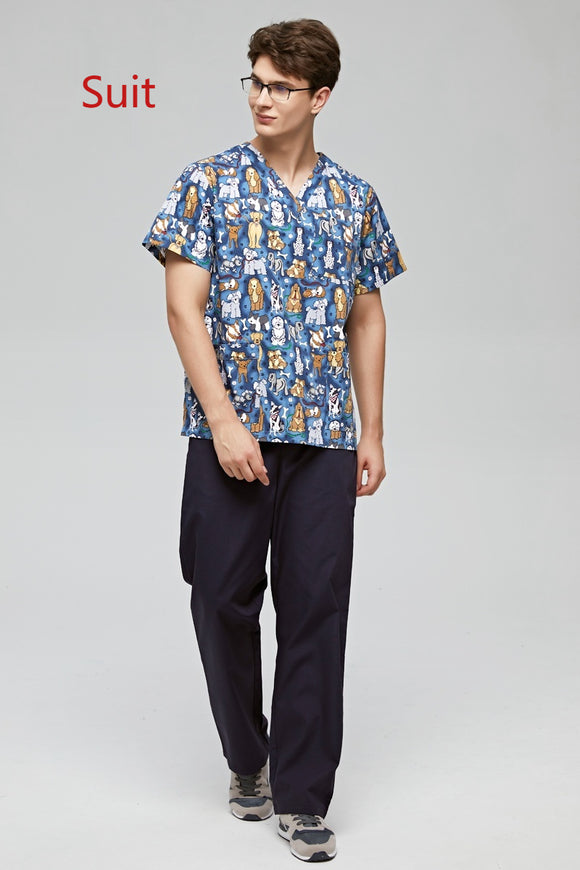Uniforme Médico Veterinario Estampado Cuello V Flores Azul