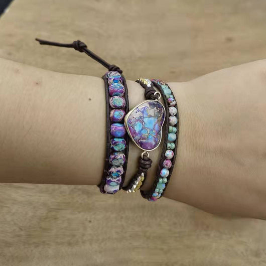 Pulsera de Cuero de Vaca con Tres Círculos Piedra Emperador y Cuentas - Image 4