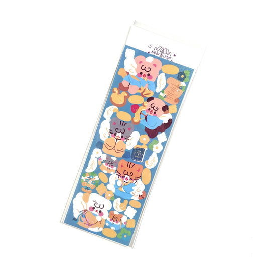 Korean style cartoon animal angel stickers with clouds and architectural elements on a blue sheet. - Image 27