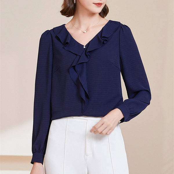 Blusa Elegante de Chifón con Cuello en V y Mangas Largas para Mujer