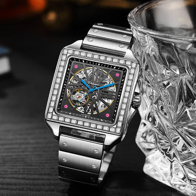 Reloj Automático de Diseño Cuadrado con Diamantes