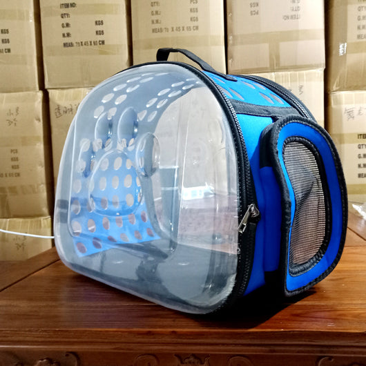 Gray and black pet carrier with a clear bubble window featuring paw prints and a mesh side for ventilation. - Image 12
