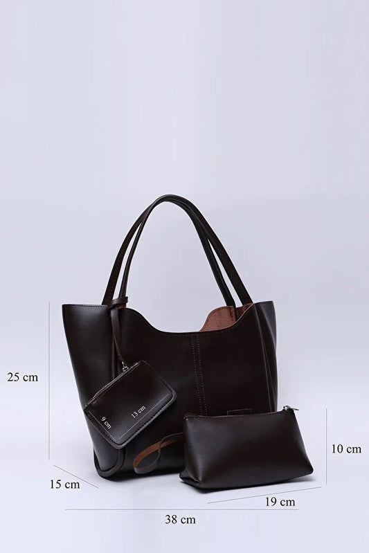 Bolso de Cuero Sintético Marrón para Mujer con Cartera y Neceser Incluido