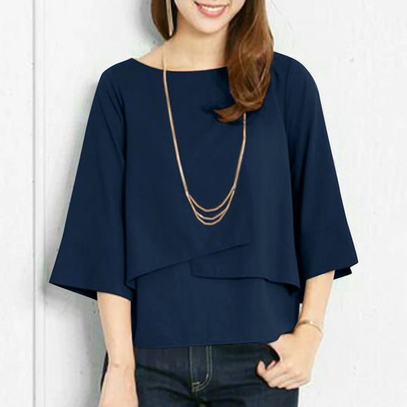 Blusa Casual de Camada Dupla Gola Redonda Cor Lisa para o Verão