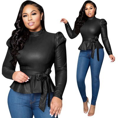 Blusa Cuello Alto Peplum en Cuero Genuino - Envío Gratis - Image 23