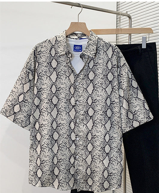 Camisa Casual Hombre Seda Helada Estampado Serpiente Manga Corta Elegante - Image 5
