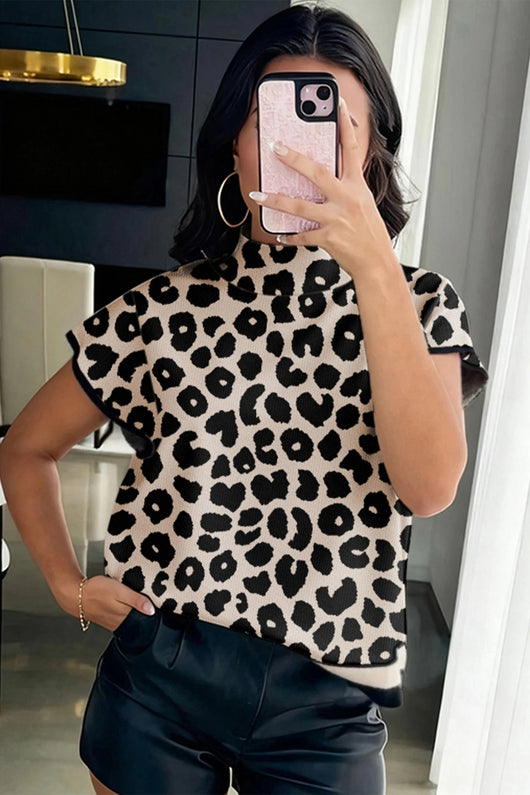 Suéter Cuello Alto Estampado Leopardo Negro Manga Corta para Mujer - Image 5