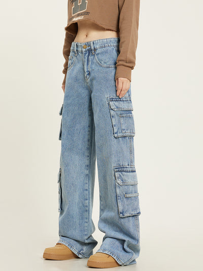 Overol Jeans Retro Lavado Multibolsillos Mujer Pantalón Recto Casual - Image 7