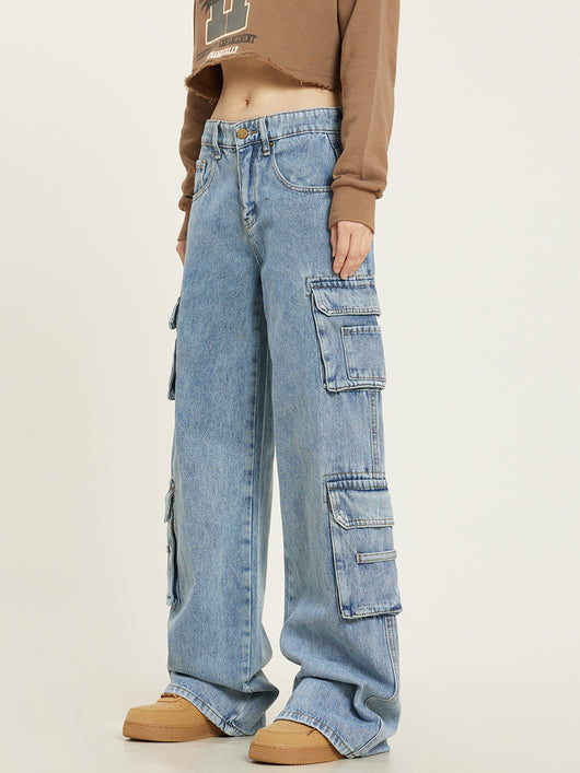 Overol Jeans Retro Lavado Multibolsillos Mujer Pantalón Recto Casual - Image 7