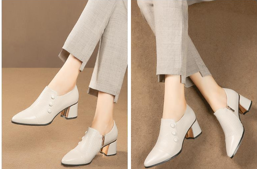Zapatos de Tacón Grueso Punta Fina Talla Grande Mujer - Blanco Crema - Image 16