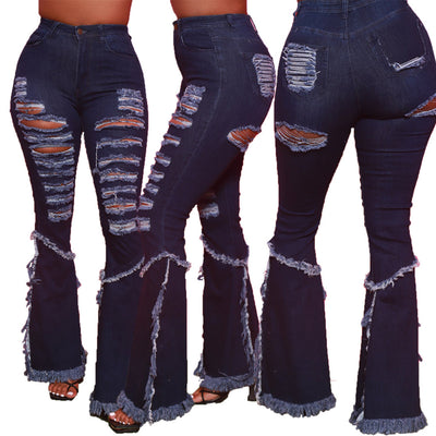 Jeans Acampanados Rotos con Bordes Crudos