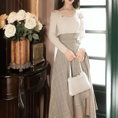 Conjunto Dos Piezas: Falda Cuadros Cintura Alta + Suéter Cuello Cuadrado - Image 9