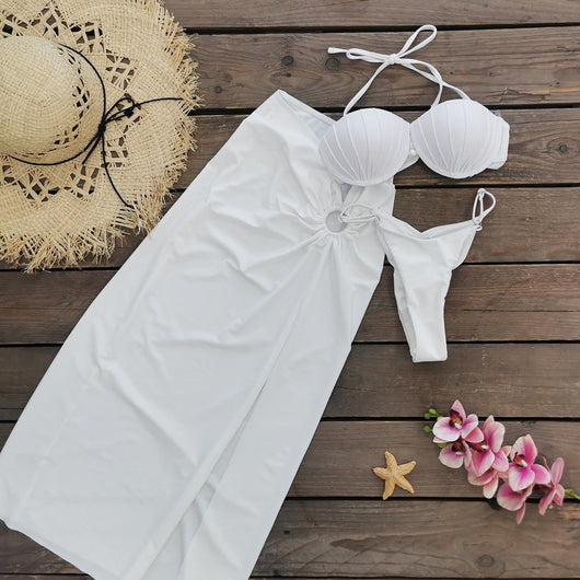 Traje de Baño Tres Piezas con Falda y Top Escotado Liso - Image 19