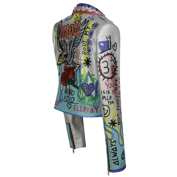 Chaqueta de Cuero para Motocicleta con Remaches Graffiti para Mujer