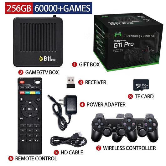 G11 Pro Dual System TV Set-top Box Open Source Game Console with 128GB TF card, two wireless controllers, remote, and accessories. - Image 3