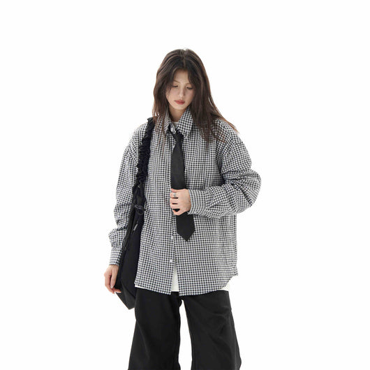 Camisa Cuadros Negra Manga Larga Mujer Holgada Casual