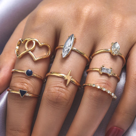 Anillos Bohemios Corazón Amor Rayo Zircón - Set de 8 Piezas