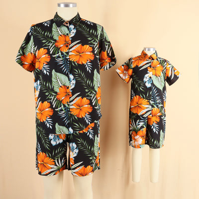 Family matching Hawaiian outfits: men's shirt and shorts, women's off-shoulder maxi dress, girl's dress, boy's shirt and shorts, all with black, orange hibiscus - Image 18
