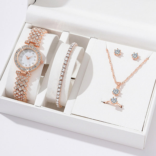 Set de 5 Piezas de Joyería: Pulsera, Collar, Anillo y Reloj con Diamantes