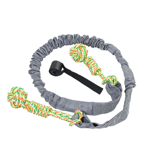 Grey elastic dog tug-of-war rope with two colorful knotted cotton rope ends and a black suction cup. - Image 7